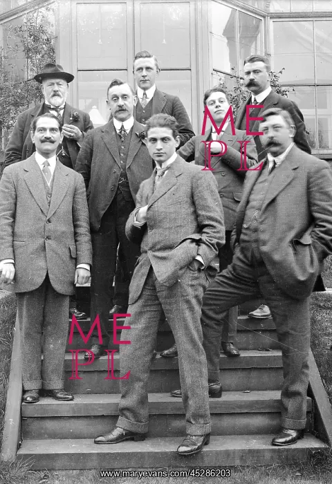 : Group of Edwardian men on garden steps : Group of Edwardian men on garden steps