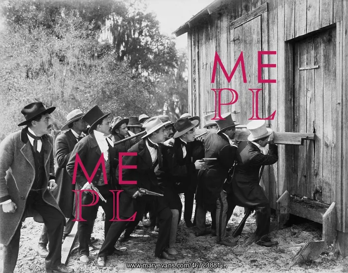: Group of men with guns and top hats breaking into a barn : Group of men with guns and top hats breaking into a barn