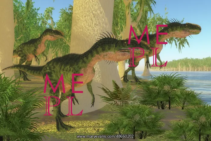 : A group of Monolophosaurus dinosaurs hunting on : A group of Monolophosaurus dinosaurs hunting on