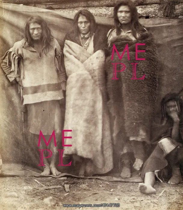 : Group of Native Americans, three standing, one seated on the : Group of Native Americans, three standing, one seated on the