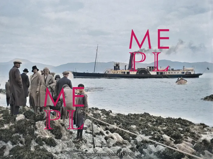 : Group of people on shore with steamboat on the sea : Group of people on shore with steamboat on the sea