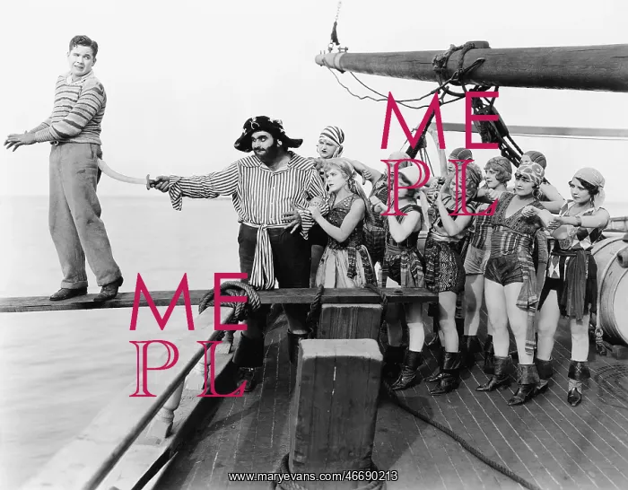 : Group of pirates trying to push a young man over a plank : Group of pirates trying to push a young man over a plank