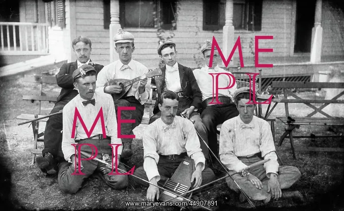 : Group Portrait Men Posing with Musical Instruments Mandol : Group Portrait Men Posing with Musical Instruments Mandol