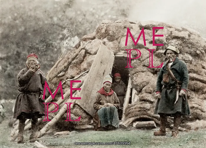 : Group of Sami outside their home, c.1890 : Group of Sami outside their home, c.1890