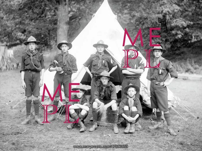 : Group of scouts in front of a tent : Group of scouts in front of a tent