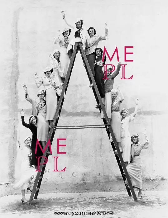 : Group of women on tall ladder : Group of women on tall ladder