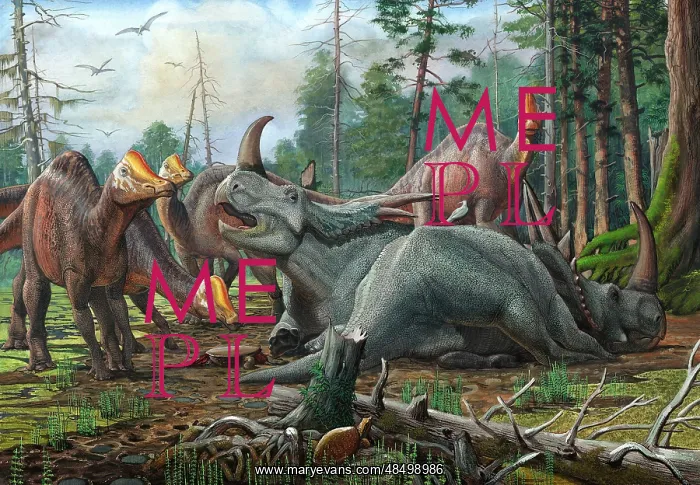 : A group of young Hypacrosaurus approach a couple ? : A group of young Hypacrosaurus approach a couple ?