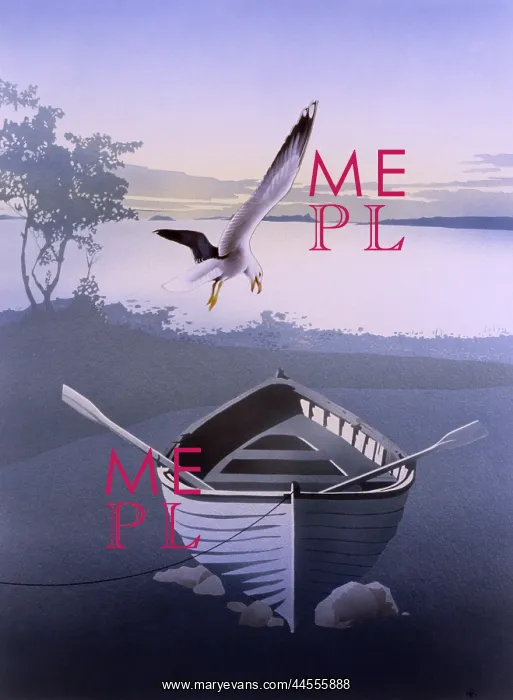 : Gull swoops above an empty rowing boat : Gull swoops above an empty rowing boat