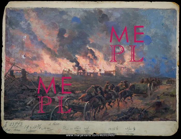 : Gunners passing burning buildings, by Ugo Matania, WW1 : Gunners passing burning buildings, by Ugo Matania, WW1