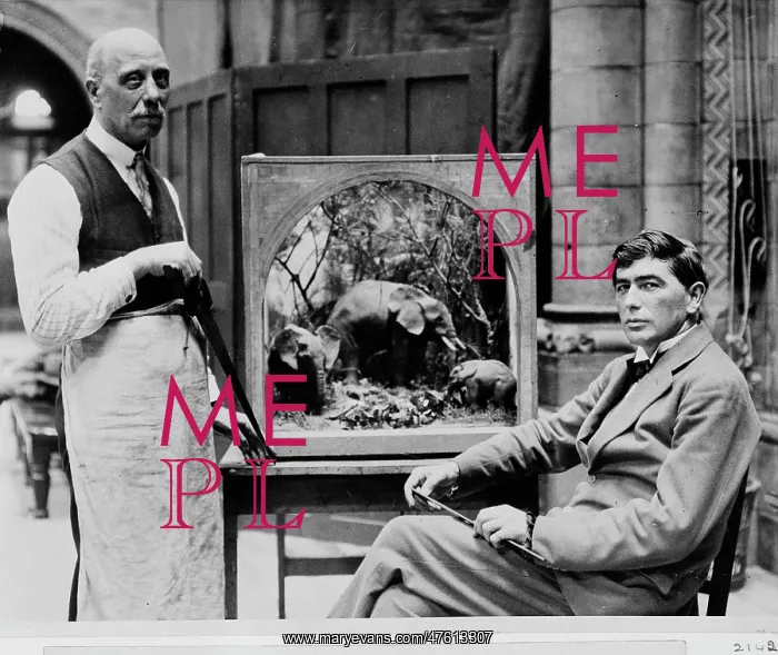 : Guy Dollman with small-scale elephant model, 1927 : Guy Dollman with small-scale elephant model, 1927