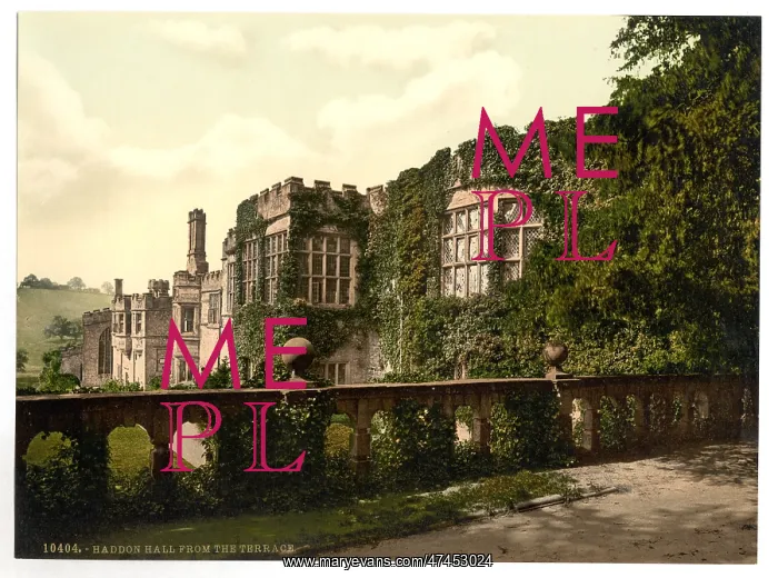 : Haddon Hall, from terrace steps, Derbyshire, England : Haddon Hall, from terrace steps, Derbyshire, England