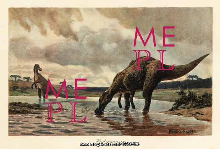 : Hadrosaurs or duck-billed dinosaurs feeding in a river : Hadrosaurs or duck-billed dinosaurs feeding in a river