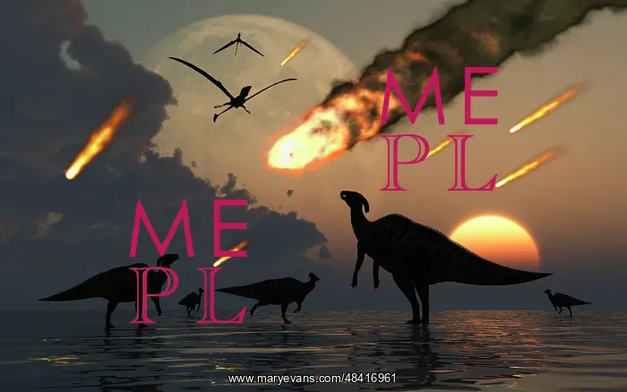 : Hadrosaurs graze peacefully as burning meteors fall through : Hadrosaurs graze peacefully as burning meteors fall through