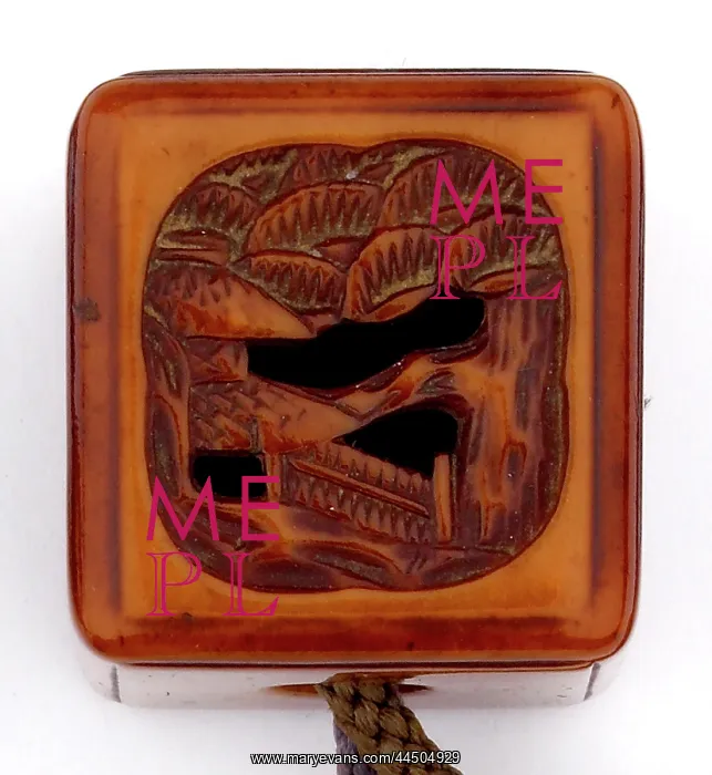 : Hako-style netsuke - trees and fence : Hako-style netsuke - trees and fence