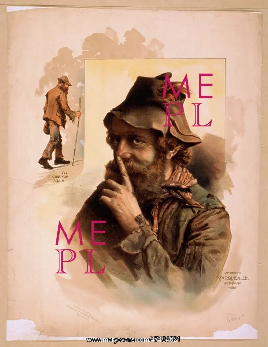 : Half length image of bearded tramp in hat, touching finger t : Half length image of bearded tramp in hat, touching finger t