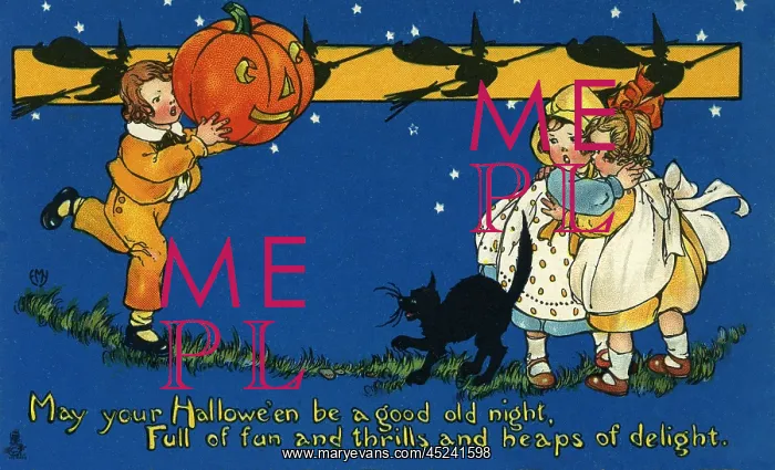 : Halloween. Boy feigning a pumpkin scares two girls : Halloween. Boy feigning a pumpkin scares two girls