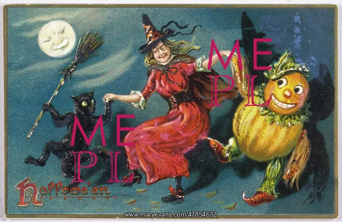 : Halloween: witch, cat and pumpkin dance together : Halloween: witch, cat and pumpkin dance together