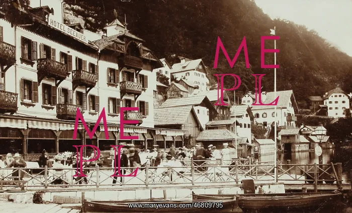 : Hallstatt (Upper Austria). Waterfront with Hotel Seeauer. About 1900. Photograph : Hallstatt (Upper Austria). Waterfront with Hotel Seeauer. About 1900. Photograph