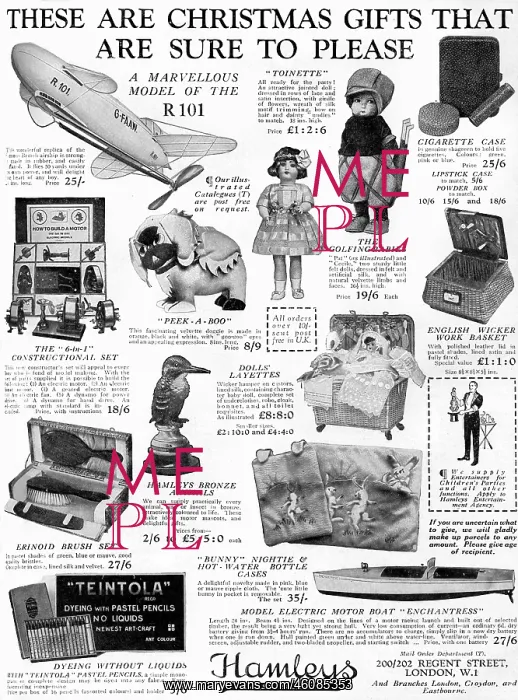: Hamleys Christmas presents advertisement, 1929 : Hamleys Christmas presents advertisement, 1929
