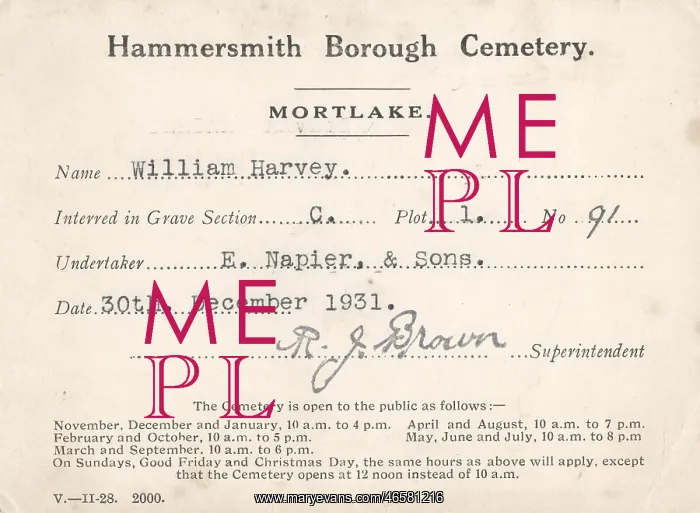 : Hammersmith Borough Cemetery interment card : Hammersmith Borough Cemetery interment card