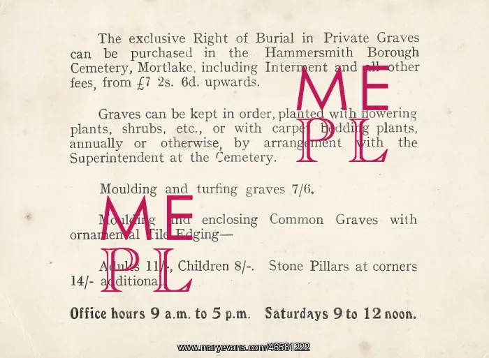 : Hammersmith Borough Cemetery interment card : Hammersmith Borough Cemetery interment card
