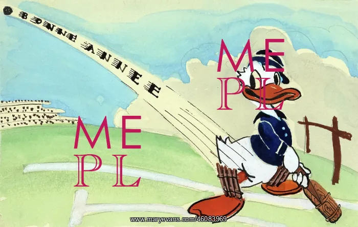 : Hand-drawn and painted postcard featuring a cricketing Duck : Hand-drawn and painted postcard featuring a cricketing Duck