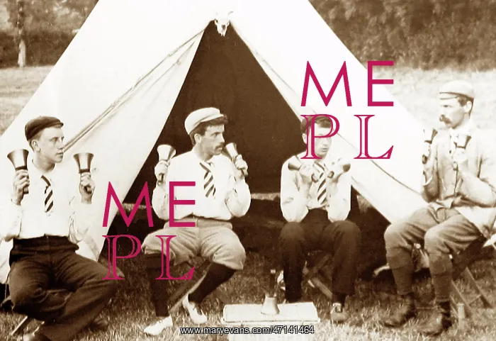 : Handbell ringers camping, early 1900s : Handbell ringers camping, early 1900s
