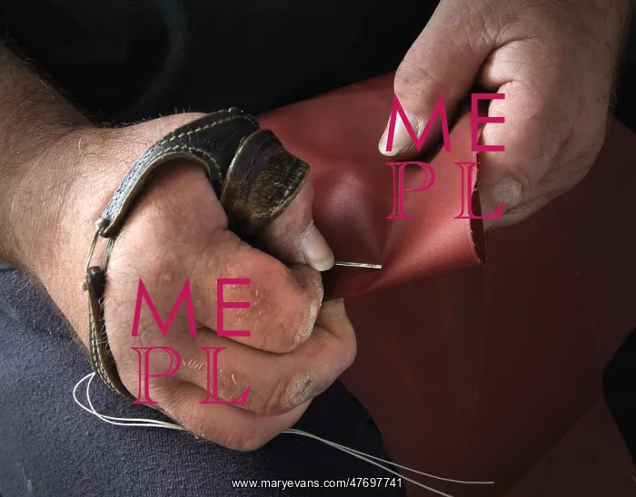 : The hands of sailmaker William Leitch, in his sail loft : The hands of sailmaker William Leitch, in his sail loft
