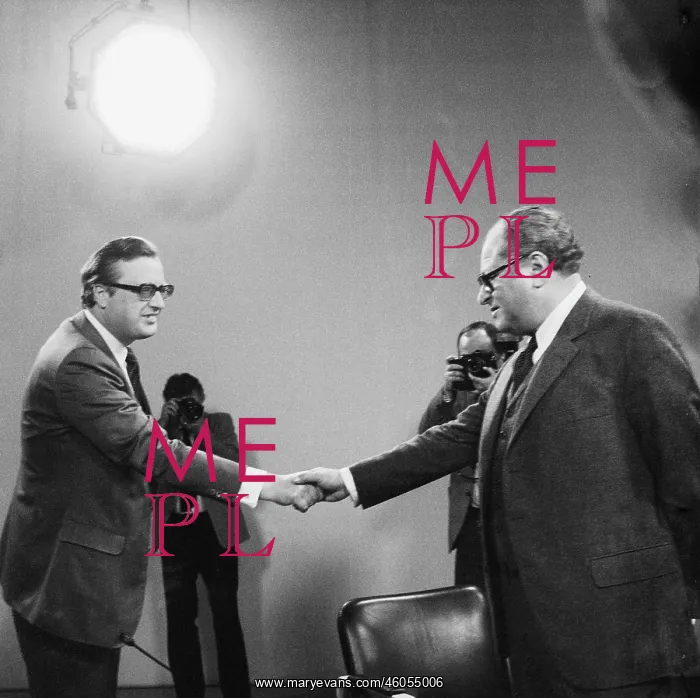  : Handshake, Bruno Kreisky and Josef Taus, shortly after their TV-debate. Photograph. 1975