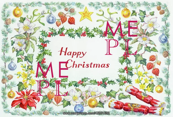 : Happy Christmas with holly, crackers, baubles : Happy Christmas with holly, crackers, baubles