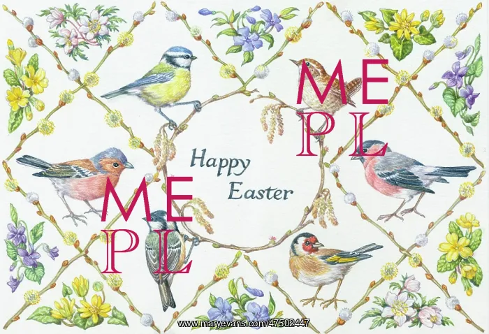 : Happy Easter ' Six birds with spring flowers : Happy Easter ' Six birds with spring flowers