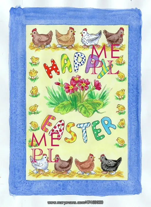 : Happy Easter with flowers and a boader of hens and chicks : Happy Easter with flowers and a boader of hens and chicks