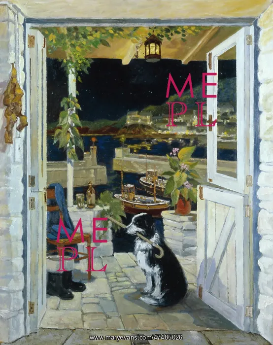 : The Harbour at Night ' dog sitting by door : The Harbour at Night ' dog sitting by door
