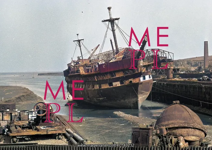 : Harbour scene with ship and equipment, Scotland : Harbour scene with ship and equipment, Scotland