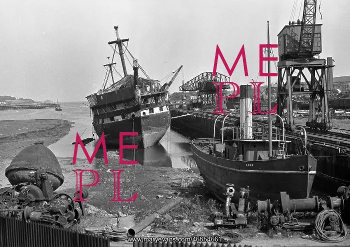 : Harbour scene with ships and equipment, Scotland : Harbour scene with ships and equipment, Scotland