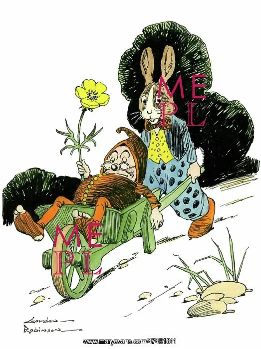 : Hare pushing gnome in a wheelbarrow : Hare pushing gnome in a wheelbarrow
