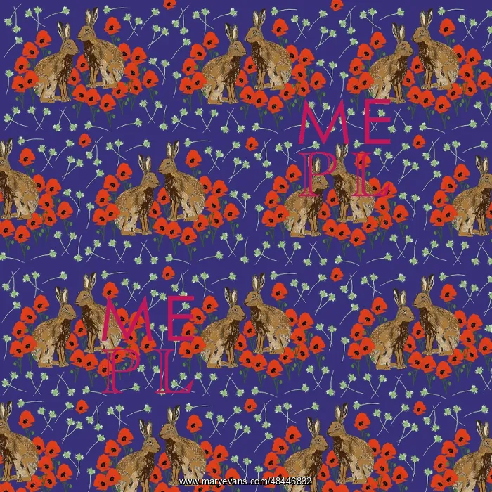  : Hares and poppies repeating pattern design