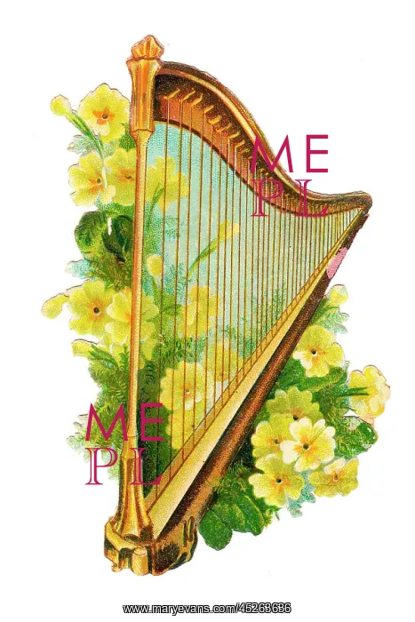  : Harp with yellow flowers on a Victorian scrap