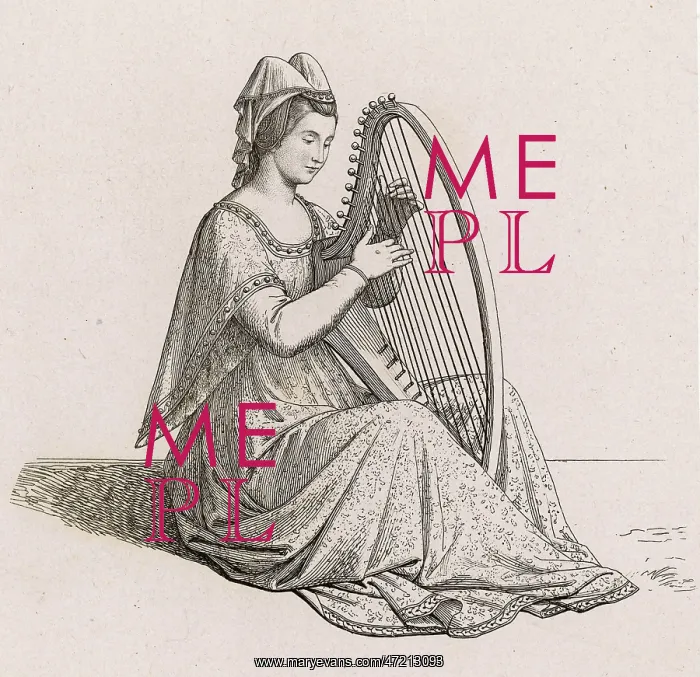  : Harpist. A medieval lady plays a small harp