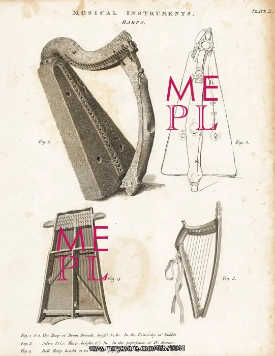 : Harps.. The harp of Brian Boromh (1, 2), silver prize harp (3), and bell harp (4) : Harps.. The harp of Brian Boromh (1, 2), silver prize harp (3), and bell harp (4)