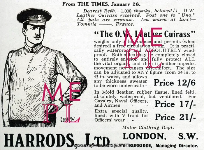 : Harrods advertisement, Leather Cuirass, WWI : Harrods advertisement, Leather Cuirass, WWI