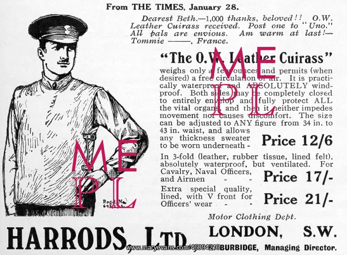 : Harrods advertisement, Leather Cuirass, WWI : Harrods advertisement, Leather Cuirass, WWI
