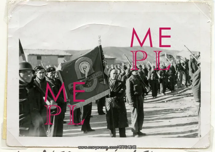 : Harry Pollitt at the front with International Brigade Banner : Harry Pollitt at the front with International Brigade Banner