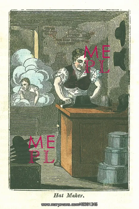 : The Hatter. In the foreground a hat is being : The Hatter. In the foreground a hat is being