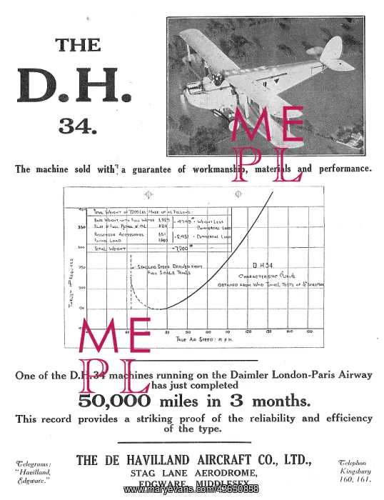 : De Havilland DH34. Guaranteed Workmanship And Performance : De Havilland DH34. Guaranteed Workmanship And Performance