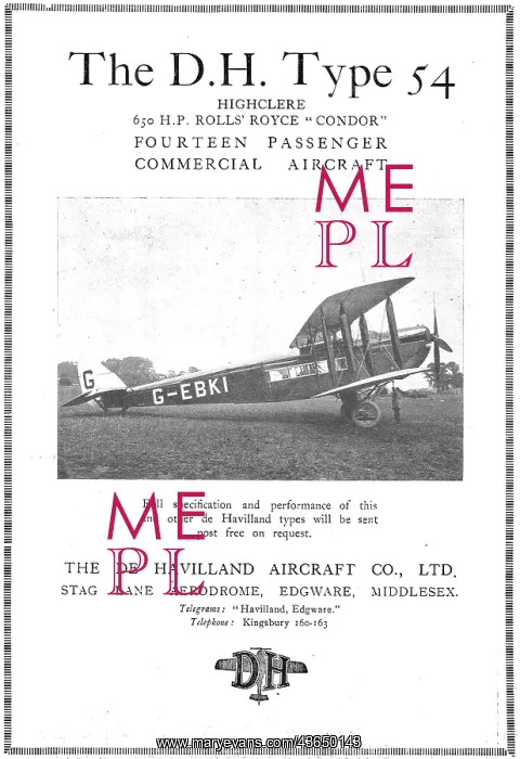 : De Havilland Type 54 Highclere G-EBKI. Rolls-Royce Condor : De Havilland Type 54 Highclere G-EBKI. Rolls-Royce Condor