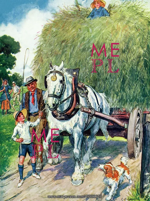 : Haycart - Children playing around a horse-drawn haycart. Artist: Charles Edmund Brock : Haycart - Children playing around a horse-drawn haycart. Artist: Charles Edmund Brock