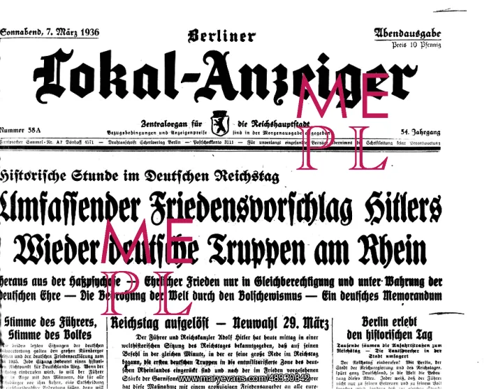 : Headline on the occupation of the Rhineland, 1936 : Headline on the occupation of the Rhineland, 1936
