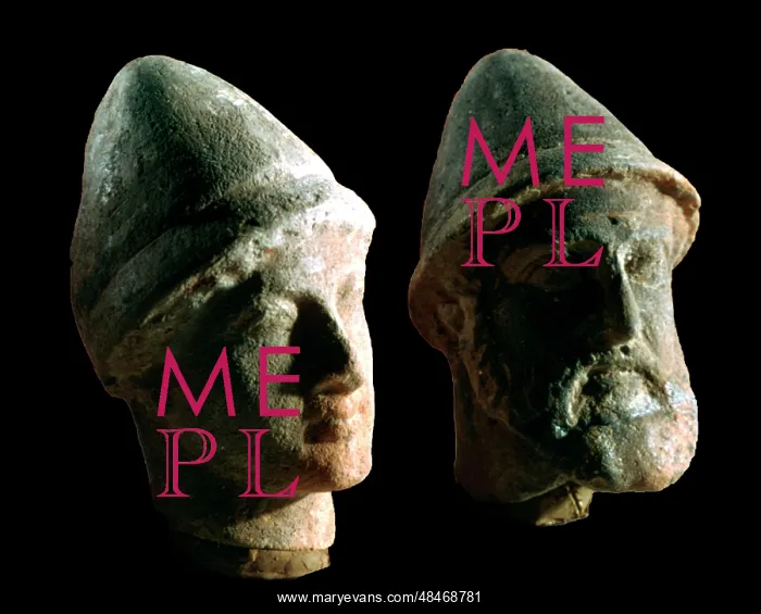 : Two heads of divinities (in fired clay), from : Two heads of divinities (in fired clay), from