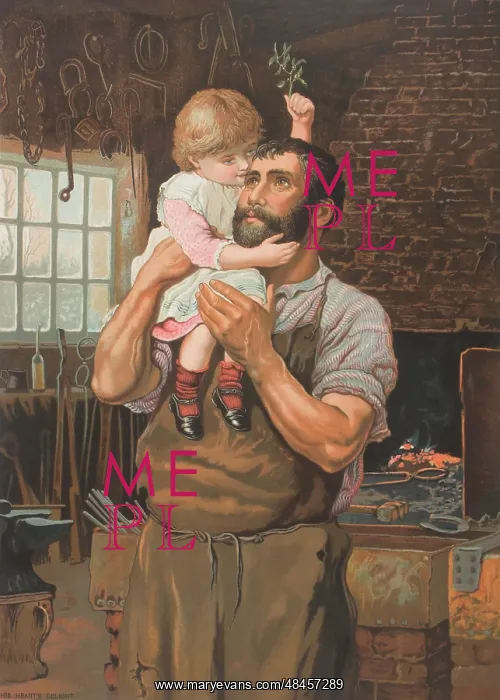 : His Heart. Scene depicting a blacksmith or farrier embracing his daughter : His Heart. Scene depicting a blacksmith or farrier embracing his daughter